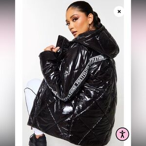 Pretty Little Thing PLT Black Shiny Diamond Quilted Puffer Coat Great Condition